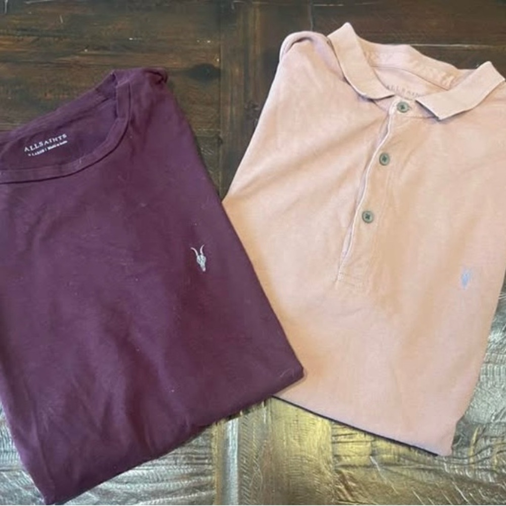 All Saints Men's Burgundy and Rose Polo Shirt Duo